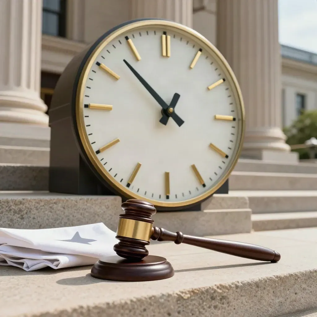 Courthouse clock, brass gavel, and flag shadow on stone steps in summer light.