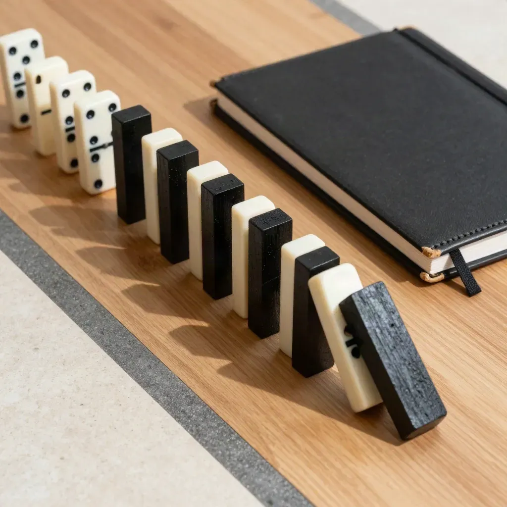 Top-down diagonal of blocks and dominoes striking a black notebook on warm wood.
