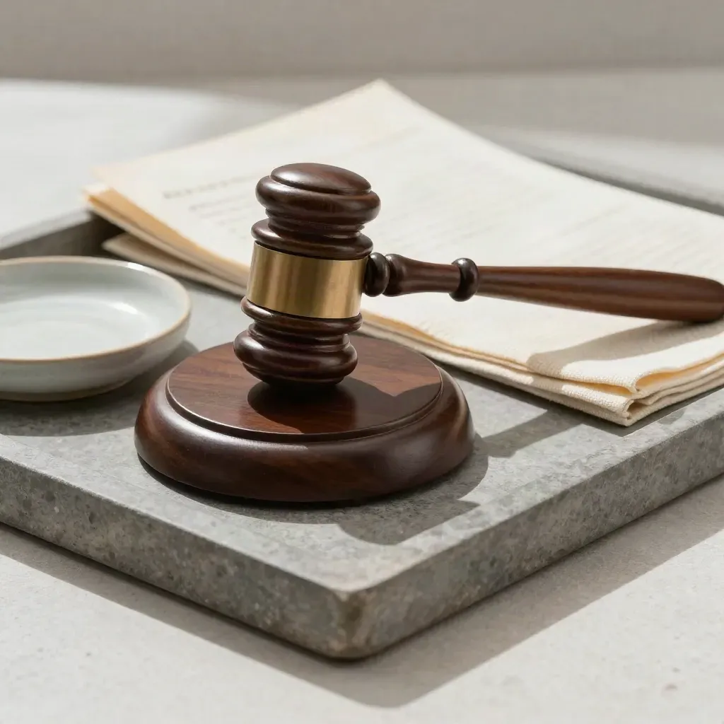 Walnut gavel rebounding beside a stone block, linen cloth, and ceramic dish on a neutral tray.
