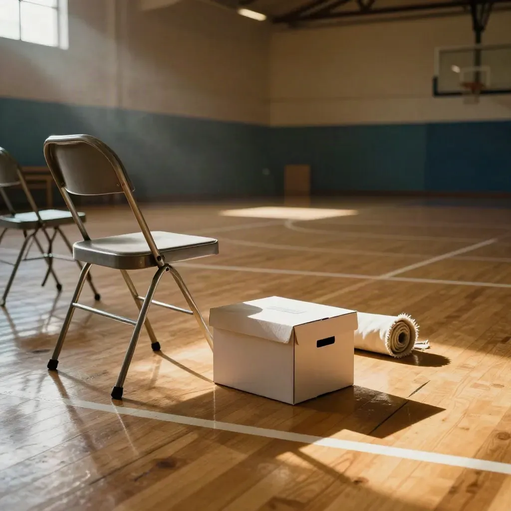 Empty folding chairs, ballot box shadow, and rolled bunting on a gym floor after counting ends.