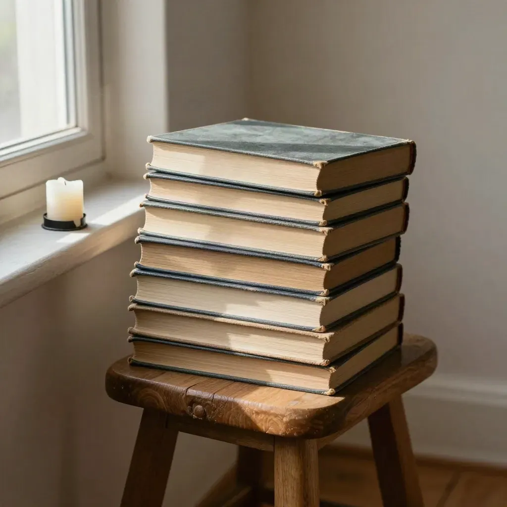 Closed philosophy books, wooden stool, and candle stub in window light on plaster.
