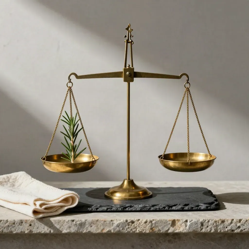 Brass balance scale with rosemary and cream cloth on a stone shelf, lit from upper left.