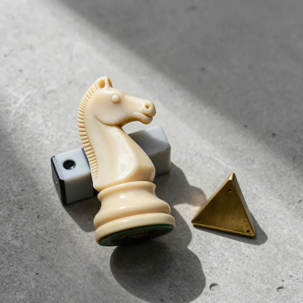 Overhead still life of an ivory chess knight, stopped domino, and brass triangle on concrete.