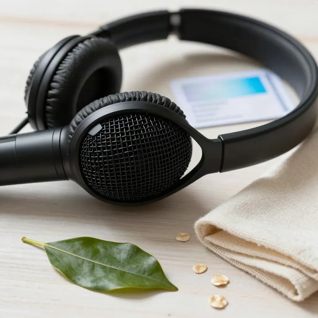 Microphone grille with headphone band, plant leaf, and folded cloth on pale wood.