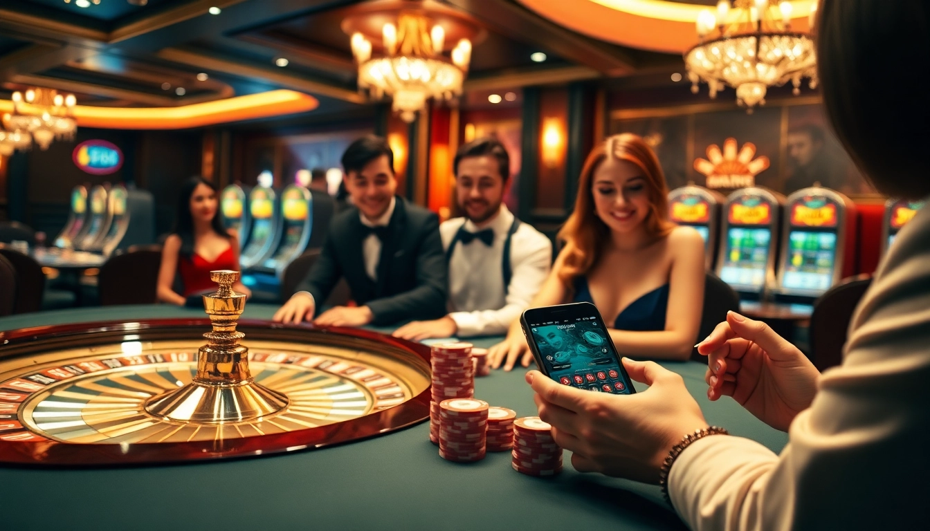 Experience the thrill of pg88 as players engage at a luxurious casino table, surrounded by vibrant slot machines and roulette.