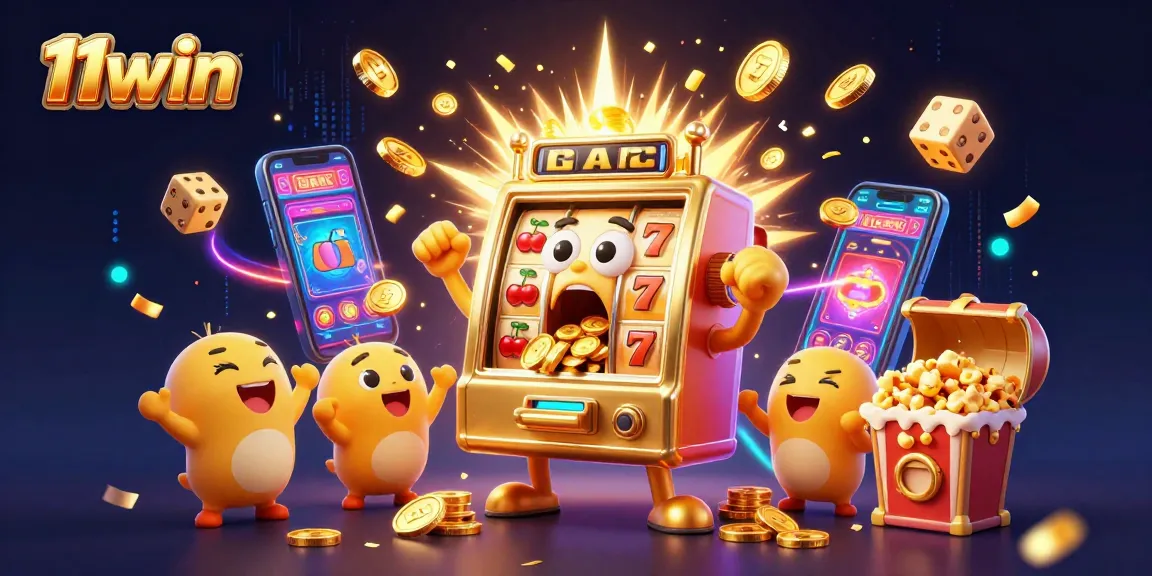 11win's golden slot machine hits a jackpot amidst a vibrant casino explosion of coins and lights.