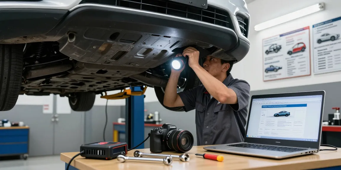 Inspecting a car in a garage for the best car history check UK before purchase