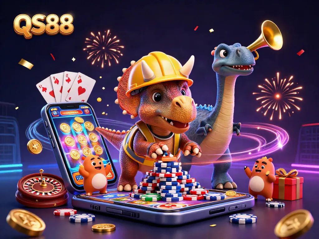 Engage with thrilling slots at QS88 while enjoying vibrant casino celebration elements in a colorful illustration