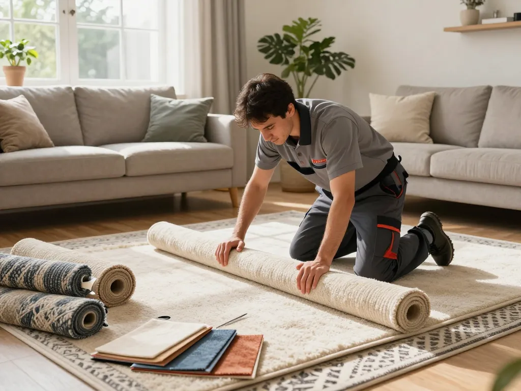 Experienced carpet fitters near me working in a sunny living room with modern decor and carpeting tools