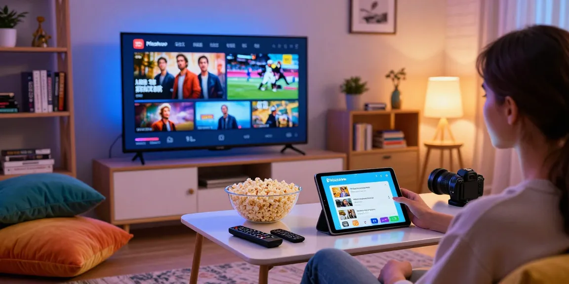 Pikashow APK in use on a tablet in a cozy living room setting, showcasing a smart TV streaming movies.
