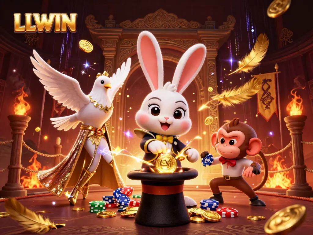 Experience thrilling wins with LLWIN featuring a magician rabbit and poker chips.