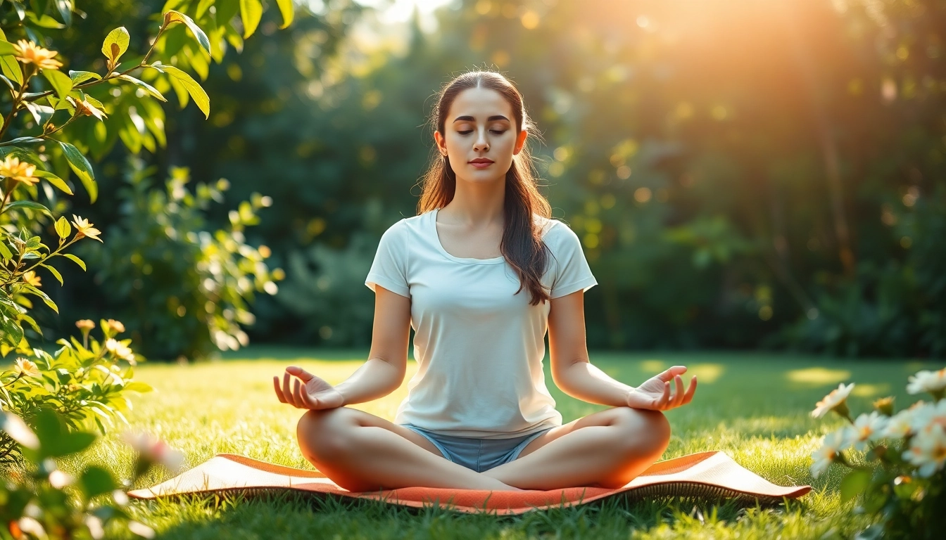 Meditating woman in tranquil garden embodies mental wellness through serene surroundings and natural light.