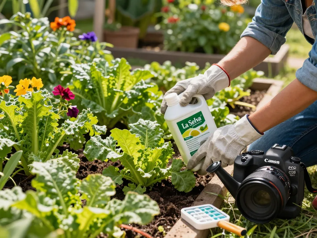 Jardinero aplicando fertilizante de La Selva Organics en un jardín floreciente, nutriendo plantas orgánicas.