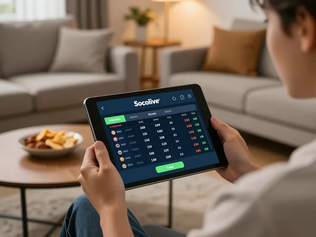 Socolive user engaging in mobile sports betting while enjoying a cozy home environment.
