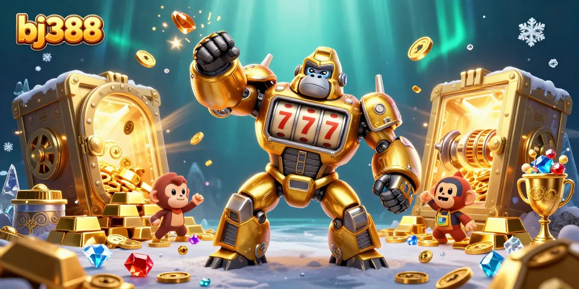 Engage with bj388's thrilling gaming experience featuring a golden gorilla mech in an explosive casino environment.