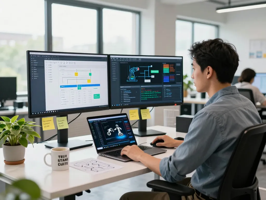 Lead developer showcasing zapier-based automation workflows in a modern tech workspace.