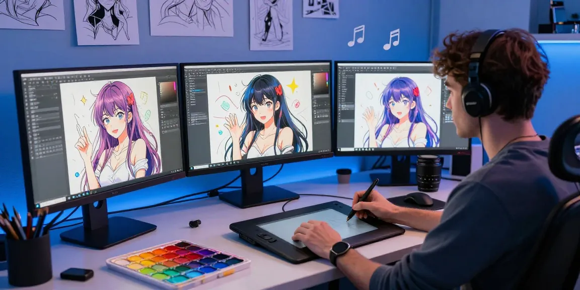 Artist creating ai ecchi illustrations in a vibrant digital studio environment