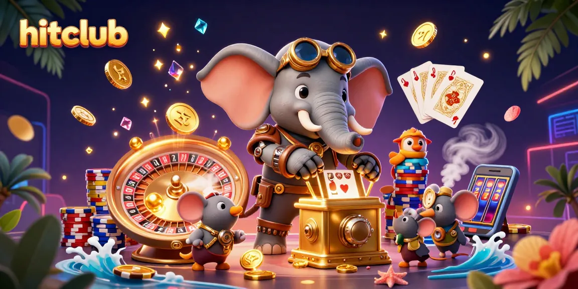 Hitclub offers thrilling slots with a steampunk elephant engineer operating a golden machine amidst vibrant, dynamic casino atmosphere.