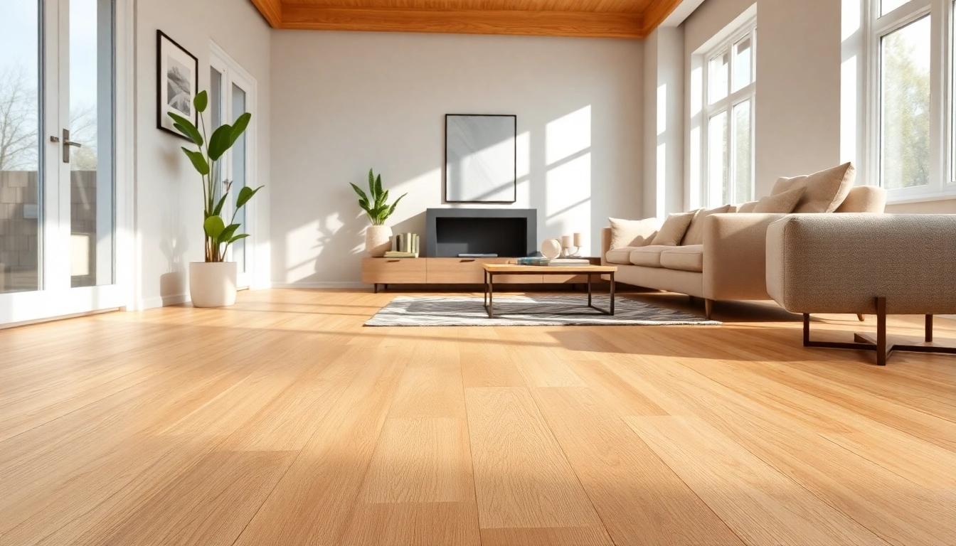 Showcasing waterproof vinyl flooring in a bright home environment with warm sand tones.