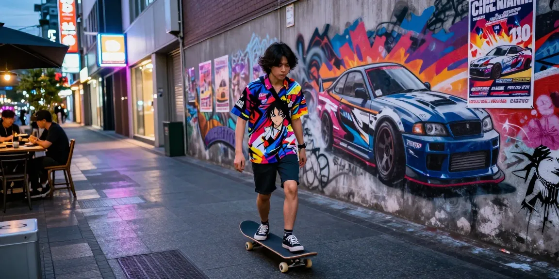Skateboarder in drift car anime shirt cruising urban streets at twilight.