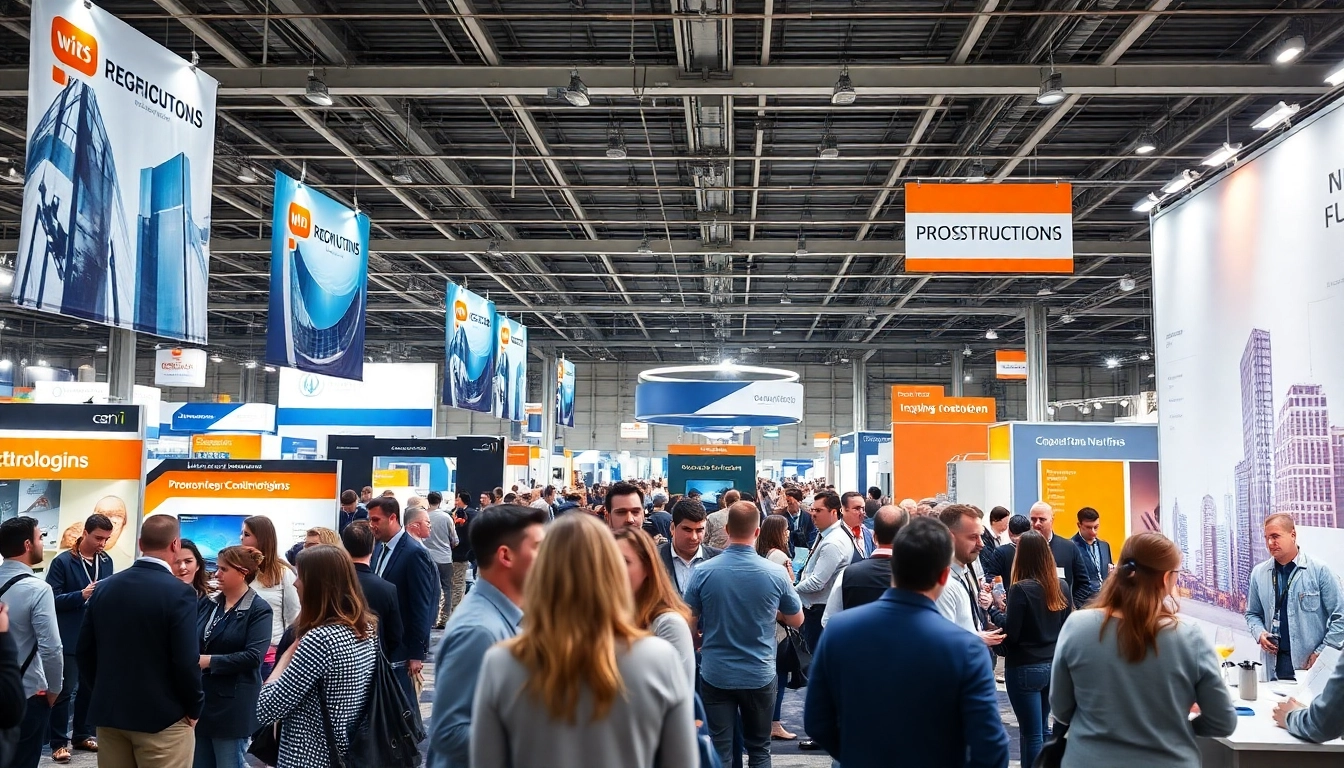 Attendees networking at construction events in a vibrant convention setting.