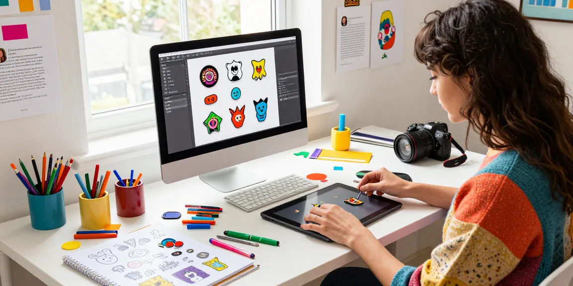 Designer crafting unique acrylic pins in a bright workspace filled with design tools.