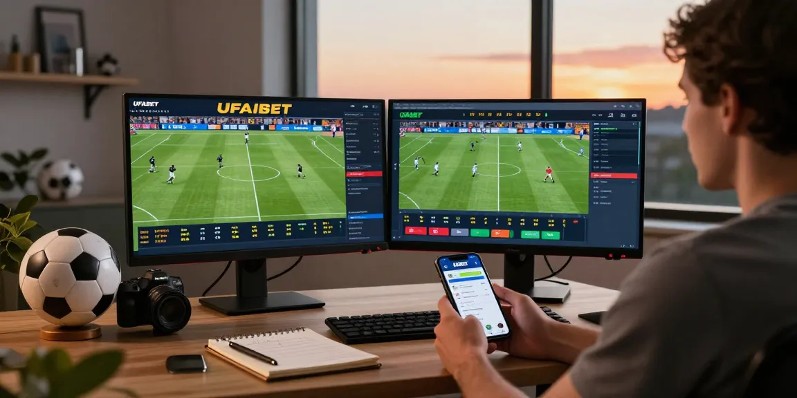 Enthusiastic bettor engaging with ufabet's online betting platform at home, showcasing live football odds and a vibrant workspace.