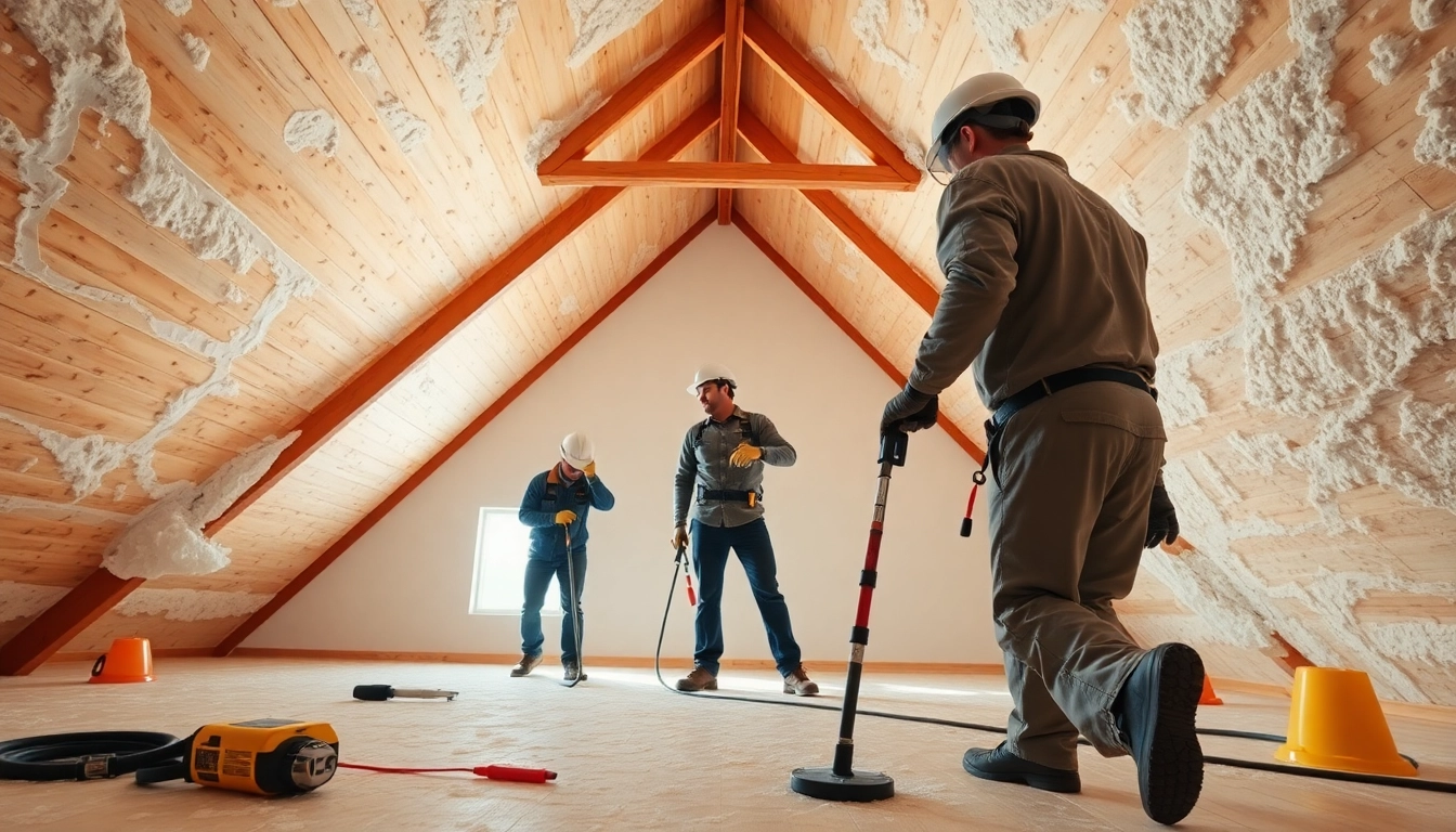 Spray foam removal near me by professionals in a well-lit attic environment.