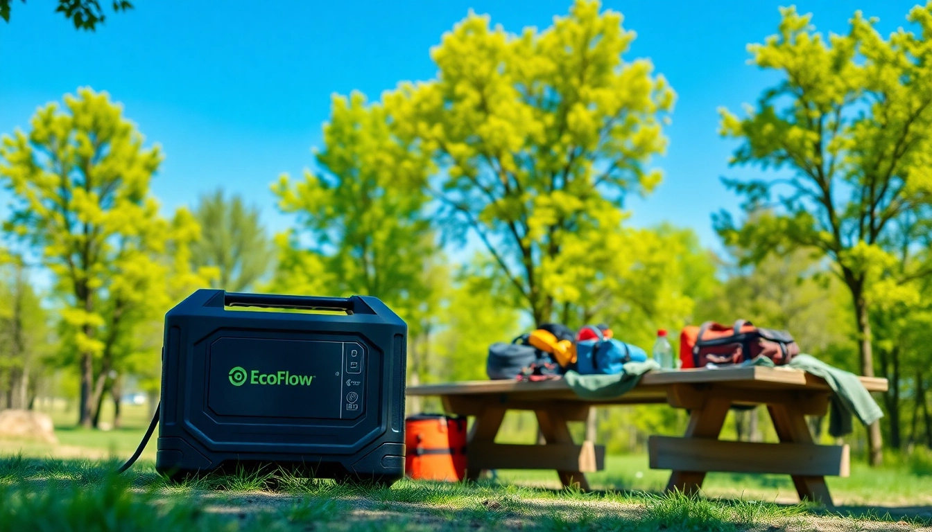 EcoFlow power station powering devices at an outdoor picnic setting.