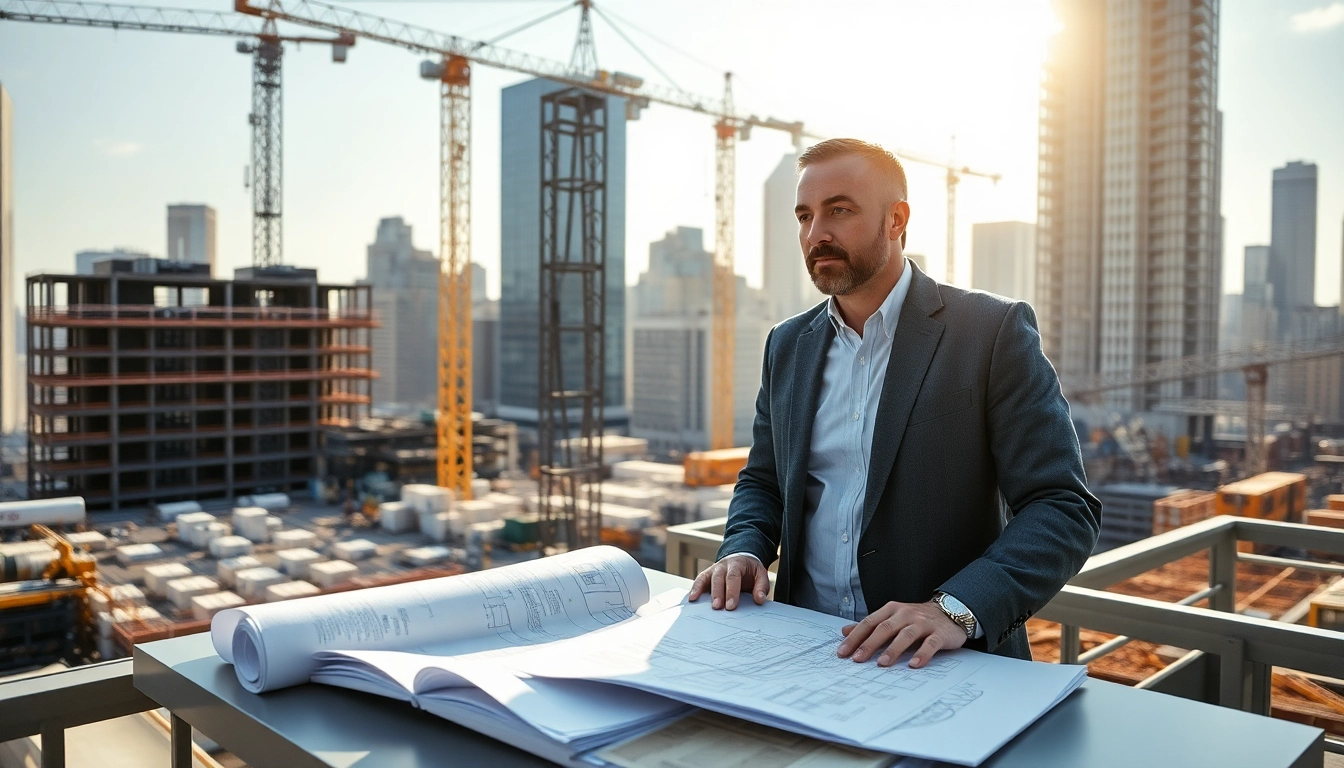 New York City Construction Manager supervising a site with blueprints and cranes around.