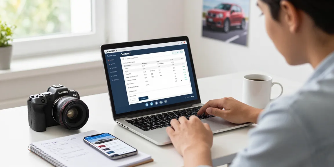 Checking the best car history check UK with Carpeep in a modern home office.