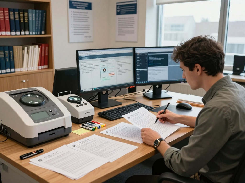 Document fraud detection analysis in a professional office setting with verification tools and documents.