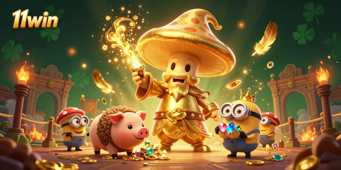 Engage in thrilling casino action at 11win with a golden mushroom wizard, treasure, and vibrant game elements