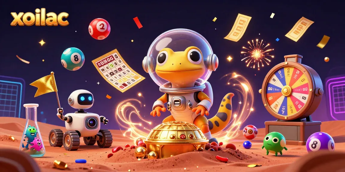 Catch the excitement of xoilac with a Martian gecko discovering a golden casino amidst vibrant gaming elements.