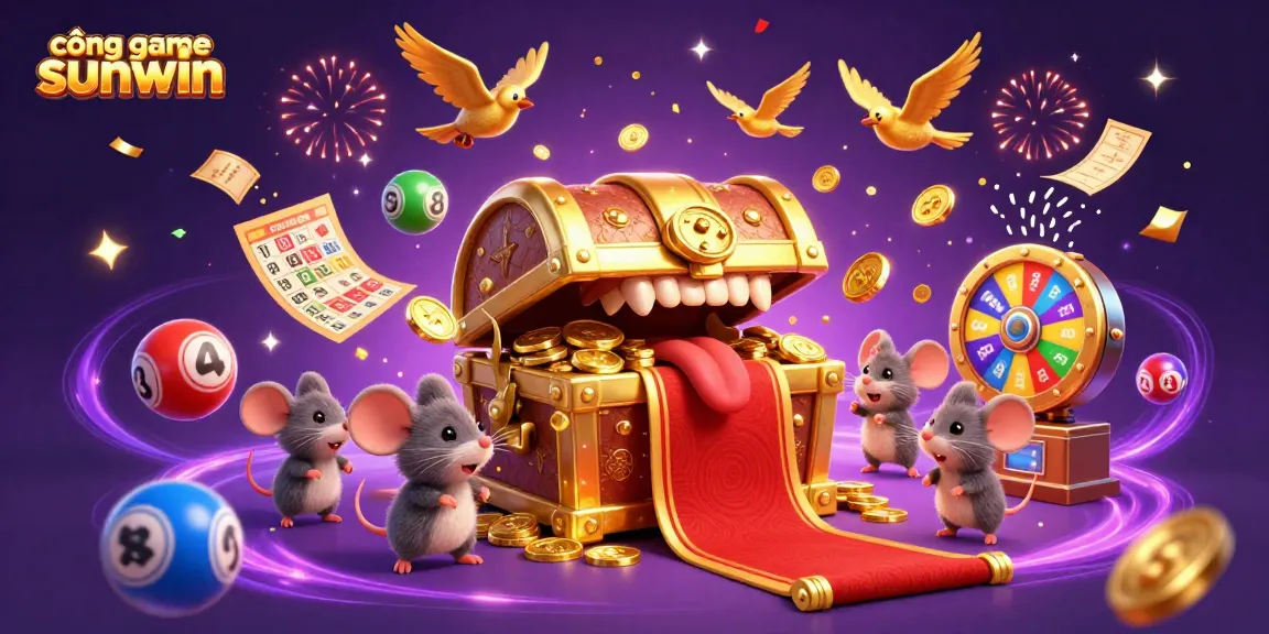 Capture thrilling moments at cổng game sunwin with a vibrant 3D illustration of adventurer mice near a treasure chest loaded with dynamic casino elements.