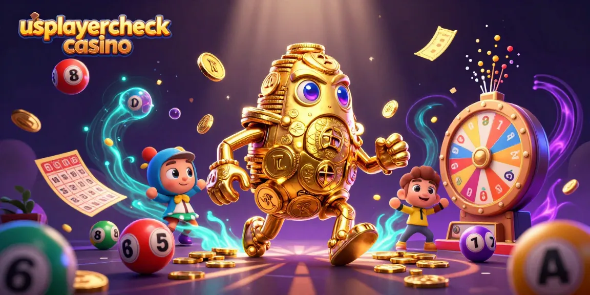 Experience the excitement of usplayercheck casino with a vibrant 3D rendering of a golden golem surrounded by casino elements.