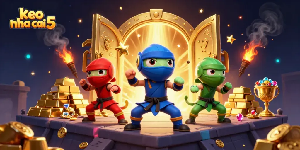 Engage with exciting betting action on keo nha cai 5 as cartoon chameleons celebrate with treasures and dynamic elements.