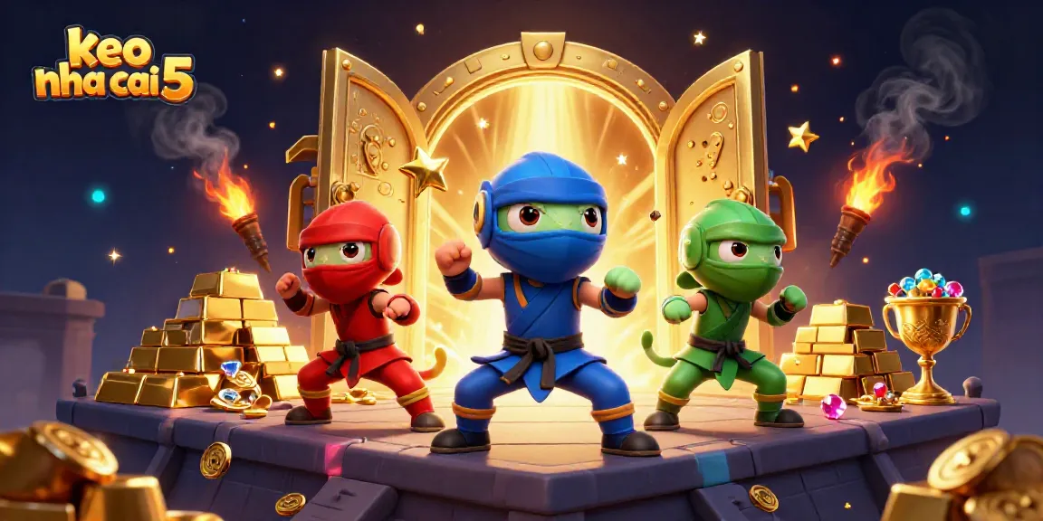 Engage with exciting betting action on keo nha cai 5 as cartoon chameleons celebrate with treasures and dynamic elements.