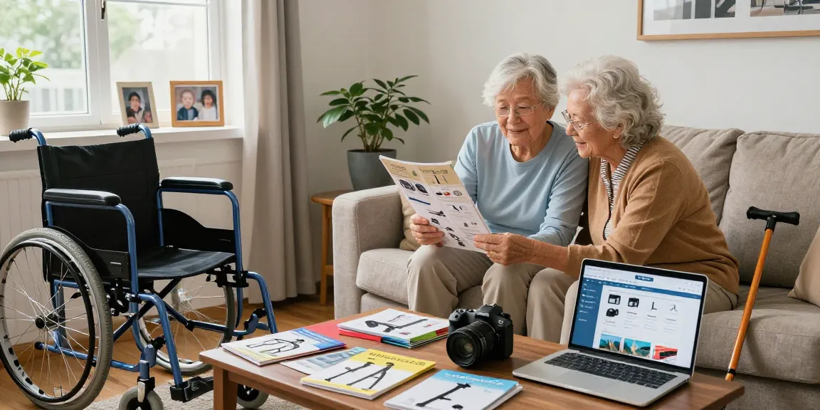 Buy nobility aids: elderly couple exploring mobility aid options in a cozy living room, surrounded by catalogs and online resources.