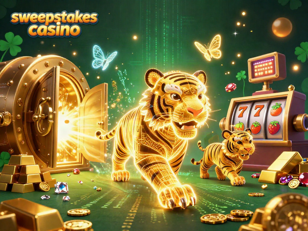 Engage with the vibrant sweepstakes casino universe, featuring a glowing golden tiger and dazzling game elements.