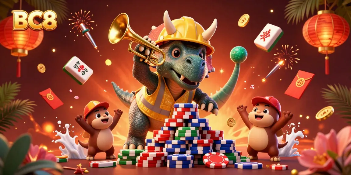 Celebrate with BC8 as a triceratops builds poker chips amidst festive gambling elements.