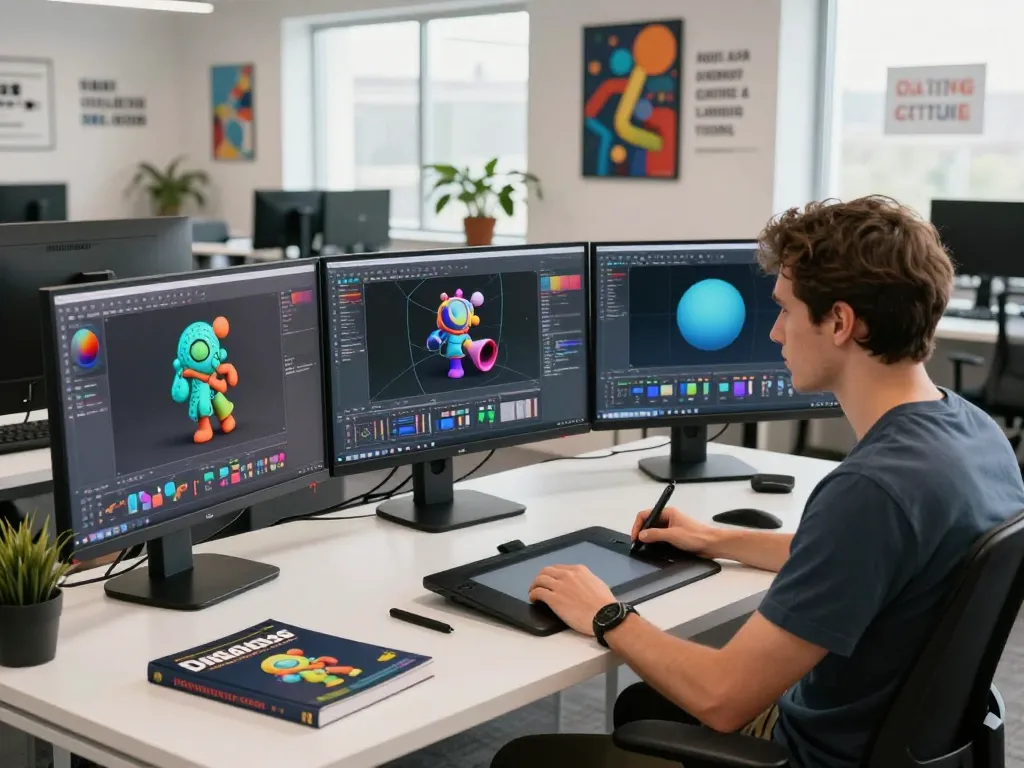 Creating stunning 3D models from text prompts in a vibrant tech workspace