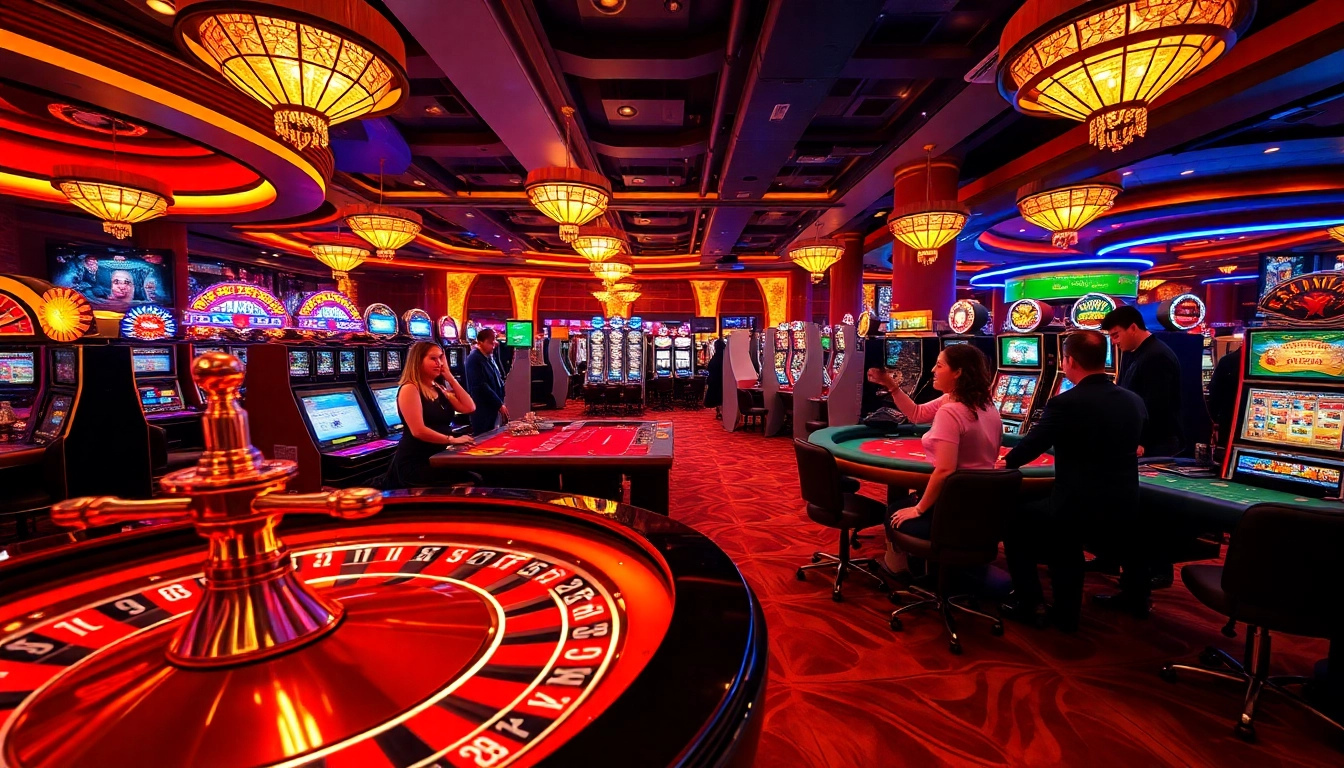 Experience the excitement of pg88 with players at a luxurious casino table surrounded by vibrant slot machines.