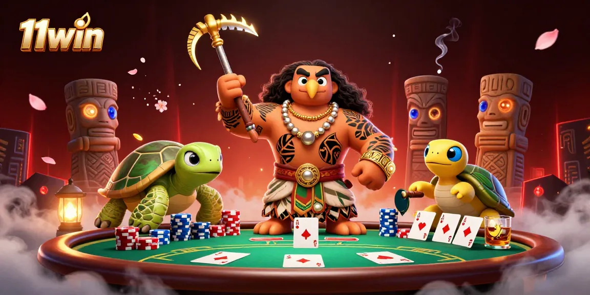 Engage with 11win's vibrant poker scene featuring a mystical demigod and rich casino elements.