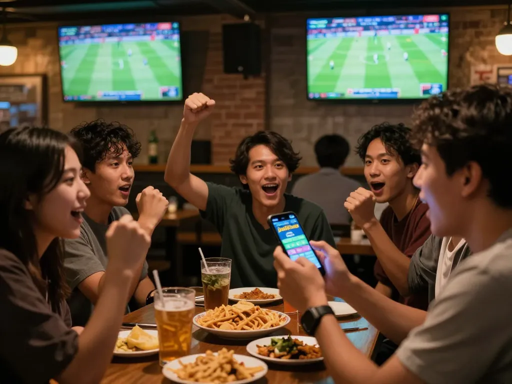 Momen menarik dari taruhan judi bola di bar olahraga yang ramai dengan teman-teman bersorak