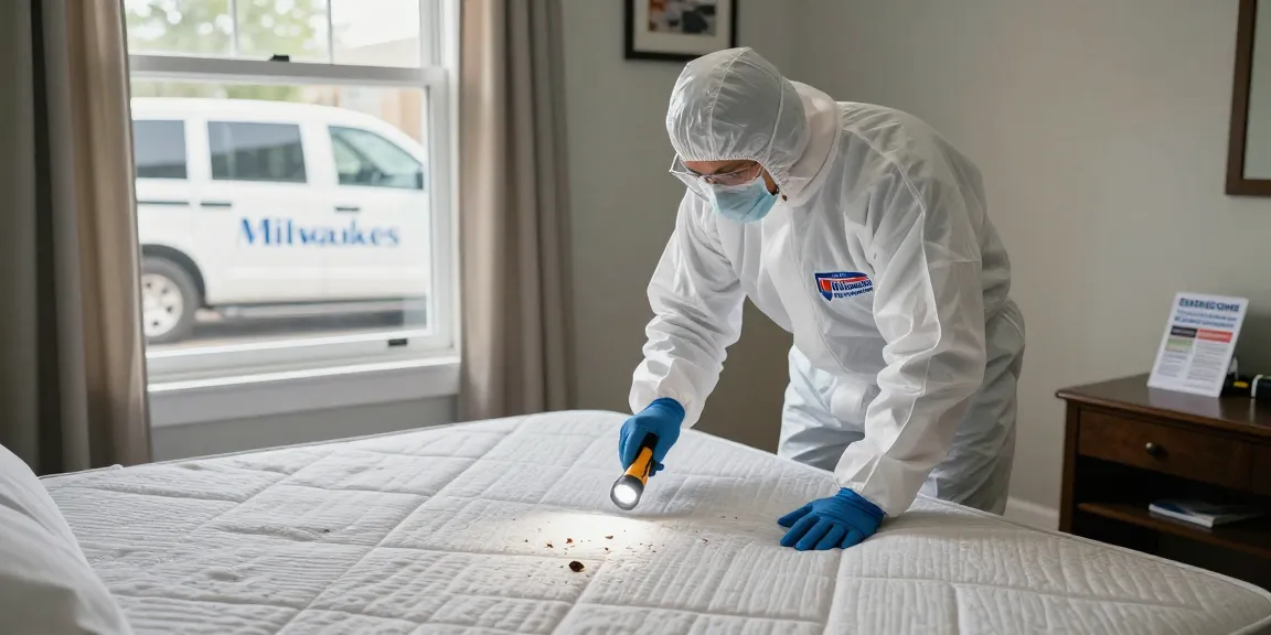 Bed bug pest control expert inspecting a mattress in a Milwaukee home, showcasing professional tools and a clean environment.