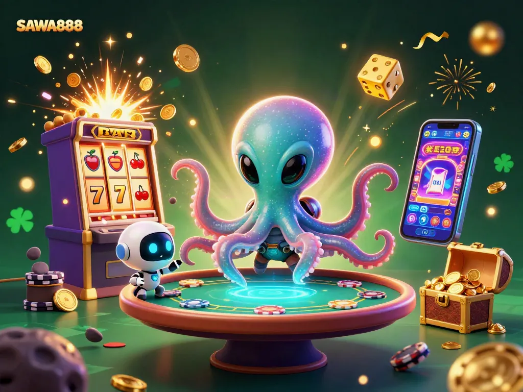 Engage in thrilling action with SAWA888 at the floating poker table amidst dynamic casino visuals.
