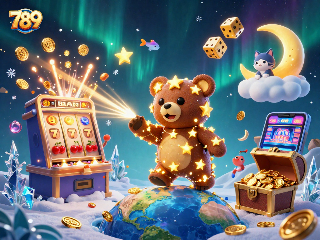 Engage with exciting games at 789, featuring a dazzling 3D casino scene filled with iconic symbols.