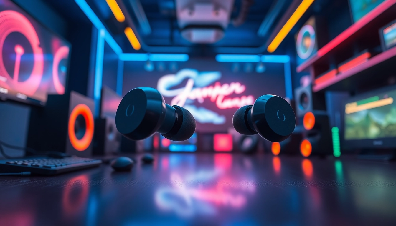 Experience the PRO60 Gaming Earbuds, showcasing sleek design and advanced technology in a vibrant gaming setup.
