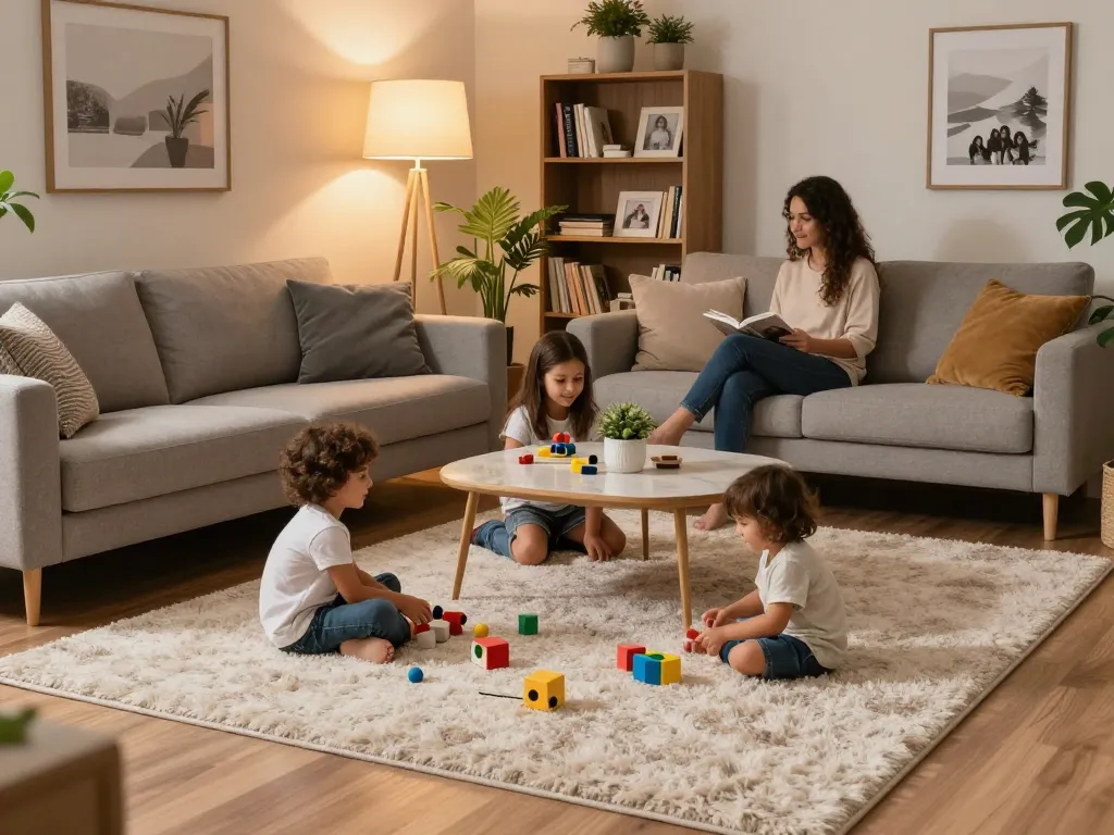 Cozy living room with affordable carpets London, family enjoying comfort and warmth.